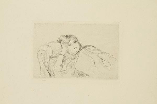 Berthe MORISOT (1841-1895)
Jeune femme au repos. 1889. Pointe sèche. 120 x 80. Bailly-Herzberg VII. Parfaite épreuve sur simili-japon. Toutes marges. Ex-coll. Fritz Gross (Lugt non décrit)