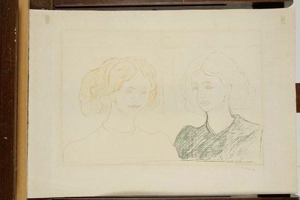 Edvard Munch (1863-1944) (d?après)
Deux têtes de femmes. 1913. Autographie par Auguste Clot. 470 x 295. Woll appendice IV 8. Impression en couleurs. Belle épreuve sur vergé crème filigrané «mbm», revêtue d?une signature (non garantie) à la mine de plomb. Nombreuses courtes traces de plis. Oxydation à l?ouverture d?un ancien montage. Deux morceaux d?adhésif oxydés dans les angles supérieurs. Toutes marges. Ex-coll. Fritz Gross (Lugt non décrit)