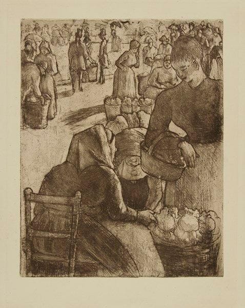 Camille PISSARRO (1830-1903)
Marché aux légumes à Pontoise. 1891. Eau-forte et pointe sèche sur zinc. 202 x 255. Delteil 97. Très belle épreuve tirée en noir bistré sur vélin, du tirage pour le tome XVII du Peintre-Graveur Illustré de L. Delteil. Reste d?onglet et traces de colle aux bords du feuillet au verso. Légère oxydation du feuillet, exclusivement visible au verso. Toutes marges