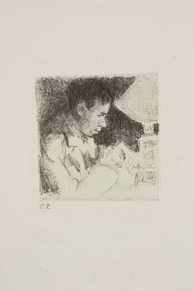 Camille PISSARRO (1830-1903)
Jeune homme écrivant (portrait de Rodo). Vers 1895. Lithographie. 120 x 123. Delteil 145. Très belle épreuve sur chine appliqué, timbrée (Lugt 613e) l?une des 12 du tirage posthume de 1923. Infimes rousseurs. Toutes marges. Rare. Tirage total à environ 15 épreuves (dont seulement 2 ou 3 du vivant de l?artiste). Ludovic Rodolphe Pissaro, né le 21novembre 1878, était le quatrième fils de l?artiste. Il devint peintre et graveur sous le pseudonyme Ludovic Rodo-Pissarro. Il assista son père dans le tirage de ses eaux-fortes, notamment pour les planches en couleurs