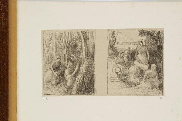 Camille PISSARRO (1830-1903)
Deux femmes assises dans les bois, ou Bûcheronnes; Groupe de paysannes dans une clairière. Vers 1896. Lithographie. 240 x 132. Delteil 164 et 165. Très belle épreuve des deux sujets tirés ensemble, sur vergé mince beige appliqué, timbrée (Lugt 613e) et numérotée à la mine de plomb, l?une des 18 du tirage posthume de 1923. Rousseurs éparses, notamment en pied du feuillet. Toutes marges. Rare. Tirage total à 29 épreuves (dont 11du vivant de l?artiste, les deux sujets alors tirés séparément)