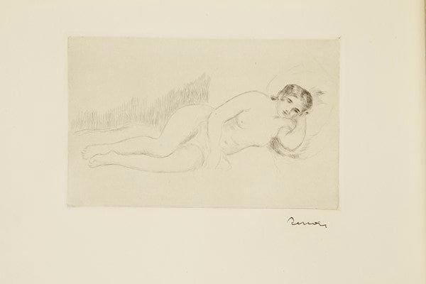Pierre-Auguste RENOIR (1841-1919)
Femme nue couchée (tournée à droite) 1re pl. Vers 1906. Pointe sèche. 200 x 128. Delteil, Stella 13. Très belle et fraîche épreuve sur vélin, timbrée (Lugt 2137b). Toutes marges