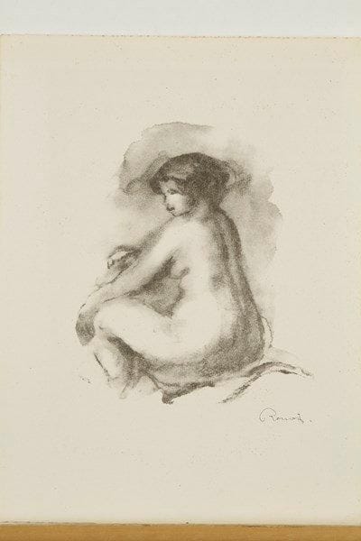 Pierre-Auguste RENOIR (1841-1919)
Étude de femme nue assise. Pl. de la suite Douze Lithographies originales. 1904. Lithographie. 165 x 192. Delteil, Stella 42; Johnson 118-6. Parfaite épreuve sur vélin crème, timbrée (Lugt 2137a). Infime pli cassé dans l?angle inférieur droit. Toutes marges non ébarbées. A. Vollard éditeur