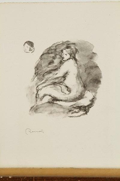 Pierre-Auguste RENOIR (1841-1919)
Étude de femme nue assise (variante). Pl. de la suite Douze Lithographies originales. 1904. Lithographie. 165 x 160. Delteil, Stella 43; Johnson 118-7. Parfaite épreuve sur vélin crème, timbrée (Lugt 2137a). Toutes marges non ébarbées. A. Vollard éditeur