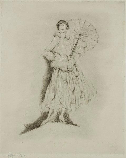 Alexander Rzewuski (polonais, 1893-1983)
Femme à l?ombrelle. Vers 1930. Pointe sèche. 400 x 492. Très belle épreuve sur chine volant, signée à la mine de plomb. Quelques rousseurs claires. Marges. Cadre