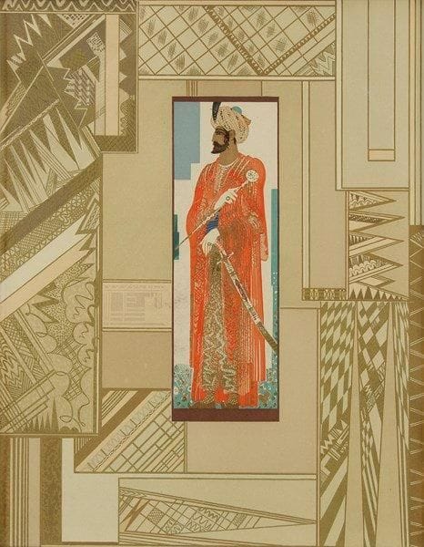 François-Louis SCHMIED (1873-1941)
Haroun al Raschid. Couverture pour J.-C. Mardrus, Histoire charmante de l?adolescente Sucre d?Amour. Paris, Schmied, 1927. Gravure sur bois. 230 x 295. Impression en couleurs et à l?or. Très belle épreuve sur vélin. Toutes marges. Cadre.{CR}Provenance: succession de l?artiste
