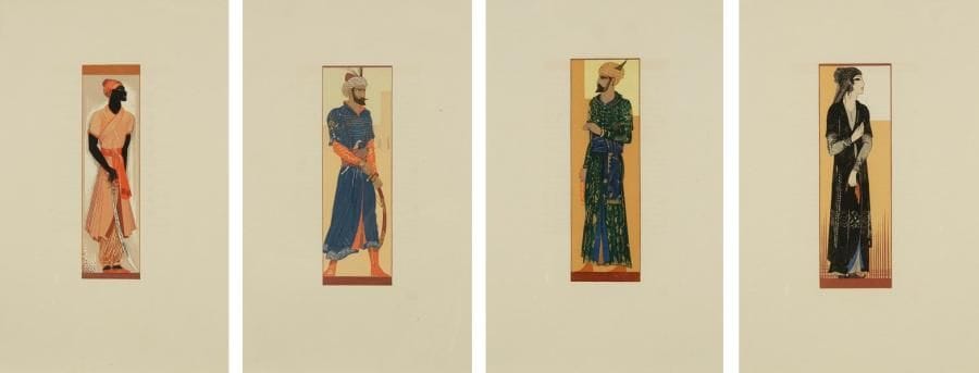 François-Louis SCHMIED (1873-1941)
Le Schahbandar Si Mahmoud; Le Nègre Kafour; Fléau-des-souks; Omm el-Hol. Illustrations pour J.-C. Mardrus, Histoire charmante de l?adolescente Sucre d?Amour. Paris, Schmied, 1927. Gravure sur bois. [200 x 300]. Impression en couleurs et à l?or. Belles épreuves sur vélin blanc avec texte typographié au verso (défets du livre). Toutes marges. Cadres. Ens. 4 p.{CR}Provenance: succession de l?artiste