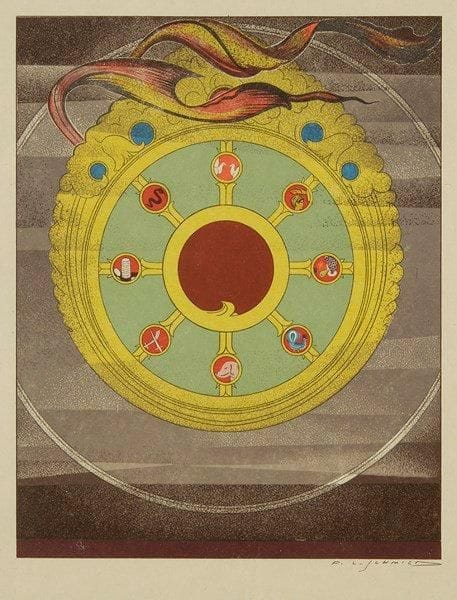 François-Louis SCHMIED (1873-1941)
La Roue de la vie. Illustration pour R. Kipling, Kim, chapitre XI. Lausanne, Gonin et Cie éditeurs. 1930. Gravure sur bois. [240 x 300]. Impression en couleurs. Parfaite épreuve sur simili-japon, signée à la plume.{CR}Provenance: succession de l?artiste