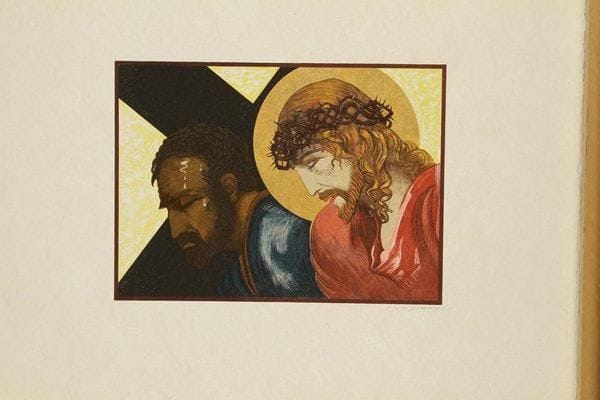 François-Louis SCHMIED (1873-1941)
Le Christ; Le Christ et Simon de Cyrène. Pl. pour Le Chemin de croix. Vers 1931. Gravure sur bois. 290 x 208. Impression en couleurs et à l?or. Très belles épreuves sur japon nacré, signées à la plume. Toutes marges non ébarbées. Ens. 2 p. {CR}Provenance: succession de l?artiste
