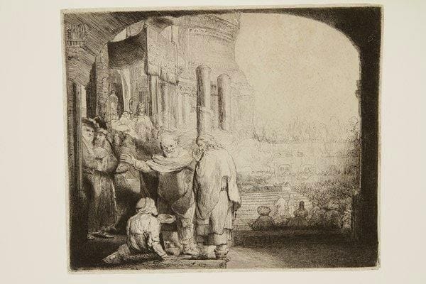 Rembrandt Harmensz. van Rijn (1606-1669)
Pierre et Jean à la porte du Temple. 1659. Eau-forte et pointe sèche. 180 x 216. Bartsch, White-Boon (Hollstein) 94. Très belle épreuve d?un tirage du XVIIIe s. sur vergé mince, les fonds usés et affaiblis, avec les travaux de roulette, les barbes de pointe sèche visibles sur les chapeaux et sur le paralytique assis. Infimes amincissures aux bords du feuillet au verso. Inscription à la plume et à l?encre sépia au verso avec la date «1849». Filets de marges. Filigrane: écu. Ex-coll. A. C. Poggi (Lugt 617)