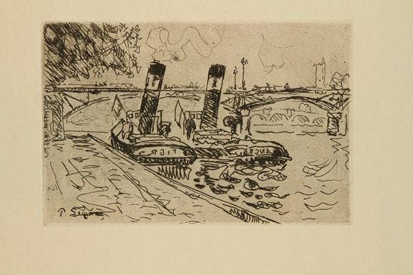 Paul SIGNAC (1863-1935)
Le Pont des Arts avec remorqueurs. 1927. Eau-forte. 190 x 125. Kornfeld et Wick 24. Parfaite épreuve sur simili-japon. Petites traces de colle et restes d?adhésif en tête au verso. Toutes marges. Ex-coll. Fritz Gross (Lugt non décrit). Planche prévue pour paraître dans Dix Peintres au XXe siècle, R.-G. Michel éd., Paris (en réalité souvent vendue au détail car sur les 250 exemplaires annoncés, seul 100 furent constitués)