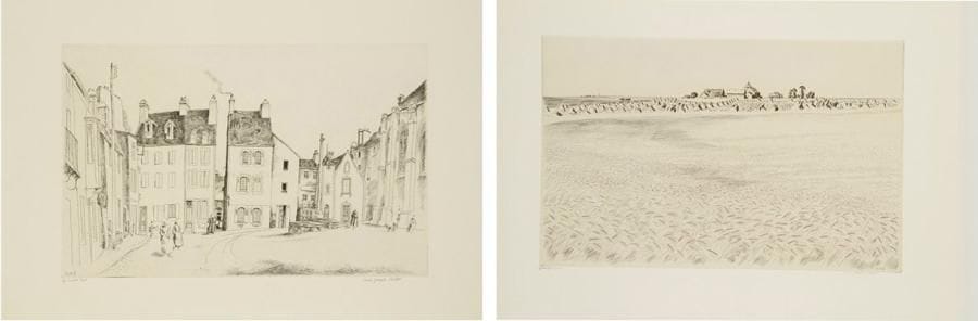 Louis-Joseph SOULAS (1905-1954)
Place en Bretagne; Barques à marée basse; La Ferme. Vers 1950. Burin. Formats divers. Très belles épreuves sur vélin, annotées «Ep. d?artiste», annotées et/ou numérotées et signées à la mine de plomb. Rousseurs claires à la 2e. Toutes marges. Ens. 3 p