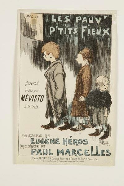 Théophile-Alexandre STEINLEN (1859-1923)
Les Pauv? P?tits Fieux. Titre de mélodie. 1892. Dessin préparatoire à la mine de plomb sur vélin mince collé sur un autre feuillet de vélin [170 x 265], repassé à la pointe en vue d?un transfert. Joint: même sujet. Titre de mélodie («Chanson créée par Mévisto à la Scala, paroles de Eugène Héros, musique de Paul Marcelles»). Gillotage d?après le dessin de l?artiste. [173 x 277]. Crauzat 407. Bonne épreuve sur vélin mince, rehaussée à l?aquarelle. L?angle supérieur gauche largement restauré au verso. Deux petits morceaux d?adhésif oxydés en tête au verso. Toutes marges. Ex-coll. Fritz Gross (Lugt non décrit). Ens. 2 p