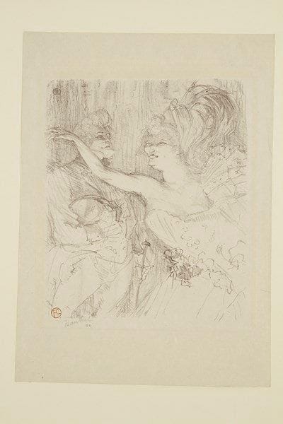 Henri de TOULOUSE-LAUTREC (1864-1901)
Guy et Mealy, dans «Paris qui marche». 1898. Lithographie. 230 x 285. Delteil 270; Wittrock 295; Adriani 309. Impression en brun violacé. Très belle épreuve sur japon, timbrée (Lugt 1338) signée et numérotée au composteur. Infime oxydation à l?ouverture d?un ancien montage. Toutes marges. Tirage à 100 épreuves. Timbre sec: Goupil et Cie (Lugt 1090) Ex-coll. Fritz Gross (sans le timbre)