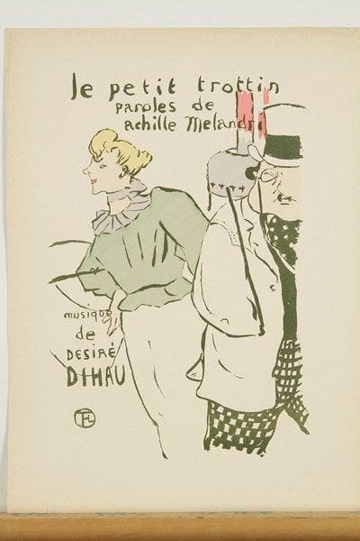 Henri de TOULOUSE-LAUTREC (1864-1901)
Le Petit trottin. 1893. Lithographie. 195 x 270. Delteil 27; Wittrock 14; Adriani 36. Très belle et fraîche épreuve tirée en vert olive sur vélin, coloriée au pochoir, d?un tirage effectué après 1901. Infimes oxydation, traces de plis et accidents aux bords du feuillet. Toutes marges