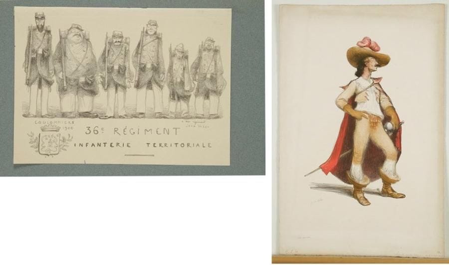 Jean VEBER (1864-1928)
D?Artagnan. 1912; Le Trente-sixième régiment d?infanterie territoriale. 1900; sujets de guerre: Bouchavesnes; ça serait le filon...; La Croix de guerre. 1918. Lithographie. Formats divers. Veber et Lacroix 21, 30, 199, 205 et 216. Très belles épreuves sur vélin ou japon, certaines signées, la 1re tirée en couleurs. Menus accidents et plis. Toutes marges. Joint: reproduction de Les Humoristes, Veber et Lacroix 113. Ens. 6 p