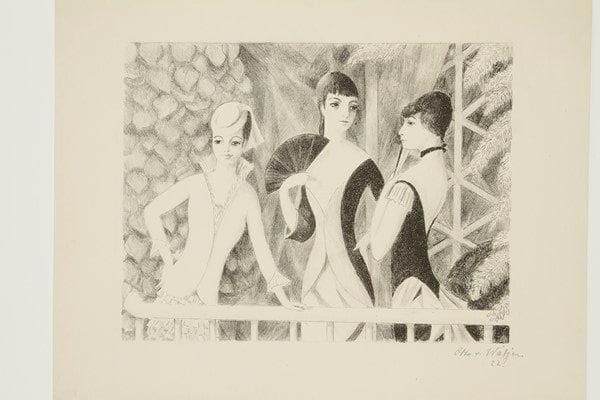 Otto von Wätjen (1881-1942)
Les Soeurs de l?artiste et Marie Laurencin (à droite). 1922. Lithographie. 375 x 295. Laboureur, t. IV, p. 320. Épreuve sur vergé blanc. Toutes marges.{CR}Provenance: ancienne collection Jean-Émile Laboureur. Marie Laurencin épousa le 22 juin 1914, à l?âge de 31ans, le baron allemand, dilettante francophile et noceur, Otto Christian Heinrich von Wätjen. À la déclaration de guerre, le couple se réfugia en Espagne. Ils divorcèrent en 1921
