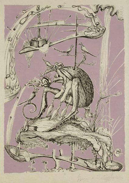 Salvador DALI (1904-1989)
Planche pour Les Songes drolatiques de Pantagruel. 1973. Lithographie. 480 x 665. Michler et Löpsinger 1419. Impression en couleurs (fond violet). Bonne épreuve d?essai sur japon nacré, avec entailles sur les croix de pointure, annotée «Bon à T.» et signée à la mine de plomb. Traces de plis, certains cassés. Marges. Cadre