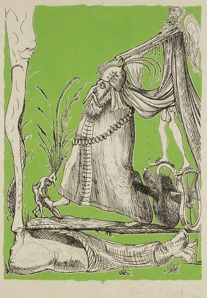 Salvador DALI (1904-1989)
Planche pour Les Songes drolatiques de Pantagruel. 1973. Lithographie. 480 x 665. Michler et Löpsinger 1422. Impression en couleurs (fond vert). Bonne épreuve d?essai sur japon nacré, avec entailles sur les croix de pointure, annotée «Bon à T.» et signée à la mine de plomb. Traces de plis, certains cassés. Marges. Cadre
