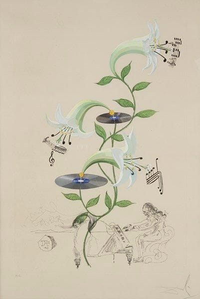 Salvador DALI (1904-1989)
Lilium Musicum. Pl. de la suite Flora Dalinae. 1968. Eau-forte, pointe sèche et pochoir. 385 x 585. Michler et Löpsinger 232. Impression en couleurs. Belle épreuve sur vélin crème fort, revêtue d?une annotation «HC» et d?une signature à la mine de plomb. Marges. Cadre