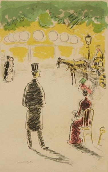 Kees VAN DONGEN (1877-1968)
Le Carrousel et le fiacre, ou 1900. Vers 1950. Lithographie. À vue: 275 x 440. Impression en couleurs. Juffermans (2003) L27. Très belle épreuve sur vélin crème fort, signée et numérotée à la mine de plomb. Marges. Tirage à 200 épreuves. La Guilde de la Gravure éd. Cadre