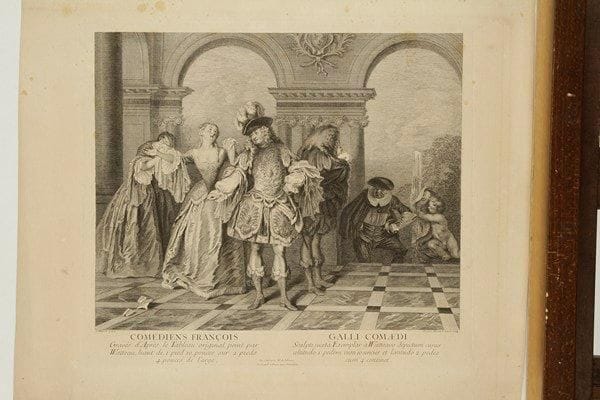 Jean-Antoine Watteau (1684-1721) (d'après)
Comédiens françois. Gravé par J.-M. Liotard. 428 x 382. Le Blanc 5. Très belle épreuve, très légèrement oxydée. Quelques rousseurs claires. Minuscule déchirure en pied. Toutes marges