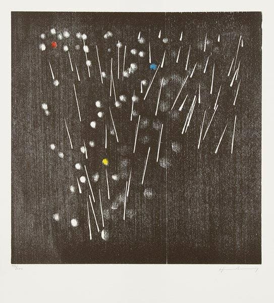 Hans HARTUNG (1904-1989)
H 1973-13. 1973. Bois gravé et pochoir. 399 x 399. Mason 386. Impression en couleurs. Très belle épreuve sur vélin blanc, titrée, numérotée et signée à la mine de plomb. Toutes marges. Tirage à 100 épreuves. Timbre sec: Erker Presse St Gall