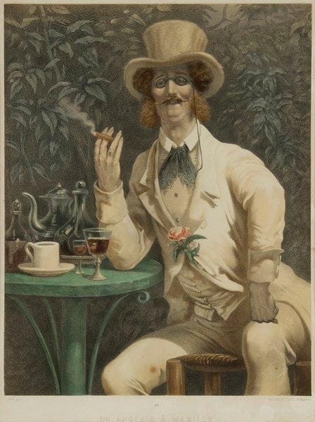 Gustave Doré (1832-1883) (d?après)
Un Anglais à Mabille. (Galerie pour Rire, n° 42) 1861. Lithographie par Régnier, Bettanier et Morlon. 340 x 435. Bonne épreuve avec pierre de teinte et rehauts d?aquarelle, légèrement oxydée, notamment sous le passe-partout. Marges. Cadre