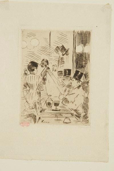 Jean-Louis FORAIN (1852-1931)
Le Café de la Nouvelle Athènes. Vers 1877. Eau-forte. 120 x 160. Guérin 3. Très belle et fraîche épreuve tirée en noir bistré sur vélin. Toutes marges. Ex-coll. Fritz Gross (Lugt non décrit - timbre rouge dans l?angle inférieur gauche du sujet)