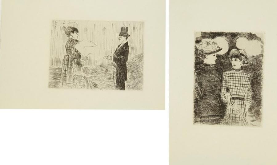 Jean-Louis FORAIN (1852-1931)
Le Bouquet; A Bullier; Les Folies Bergère (1re pl.); Le Noeud de cravate. Vers 1880. Eau-forte. Formats divers. Guérin 6, 11, 17 et 19. Parfaites épreuves sur vélin. Toutes marges. Ex-coll. Fritz Gross (sans le timbre). Ens. 4 p