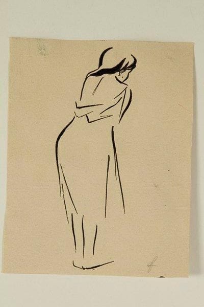 Jean-Louis Forain (1852-1931) (attribué à)
Jeune fille de dos. Dessin à la plume et à l?encre de chine sur vergé beige [100 x 128], revêtu d?un monogramme à la mine de plomb (non garanti). Ex-coll. Fritz Gross (sans le timbre). Planche prévue pour un album de nus qui ne fut finalement pas réalisé