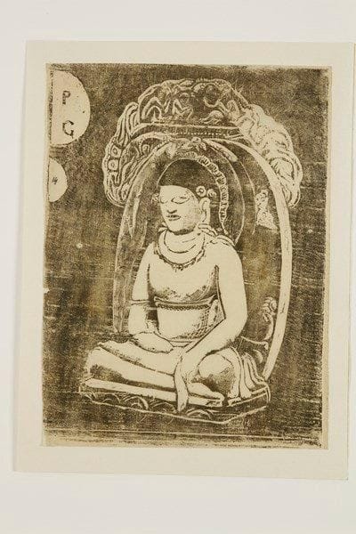 Paul GAUGUIN (1848-1903)
Bouddha. 1898-1899. Bois gravé. [228 x 305]. Guérin 63; Mongan, Kornfeld, Joachim 45 B (épreuve citée). Impression en noir. Superbe épreuve sur japon pelure, numérotée à la plume «14». Marges étroites à droite et en pied. Rare. Tirage à environ 30 épreuves   
Petit manque habilement restauré au bord gauche.      