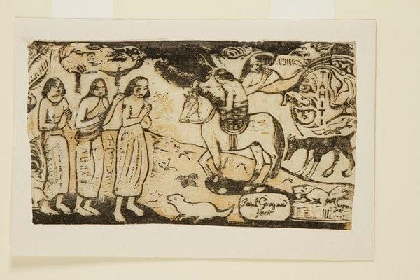 Paul GAUGUIN (1848-1903)
Changement de résidence. 1899. Gravure sur bois. 281 x 161. Guérin 66; Mongan, Kornfeld, Joachim 54 (épreuve citée). Impression en deux tons. Superbe épreuve sur japon pelure, légèrement rognée dans le sujet, numérotée «17» à la plume dans le sujet en haut à gauche. Infime manque dans l?angle supérieur gauche. Rare. Tirage à environ 30 épreuves