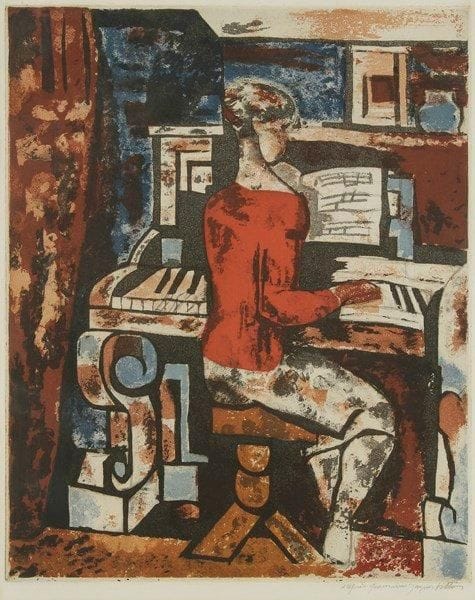 Marcel Gromaire (1892-1971) (d?après)
La Femme au piano. 1929. Gravé par J. Villon. 385 x 473. Ginestet et Pouillon 664. Impression en couleurs. Très belle épreuve sur vélin crème fort, annotée «d?après Gromaire» et signée par Villon à la mine de plomb. Légère oxydation sous le passe-partout. Toutes marges. Tirage définitif à 200 épreuves (avant le tirage de la Chalcographie du Louvre). Bernheim-Jeune éd. Cadre