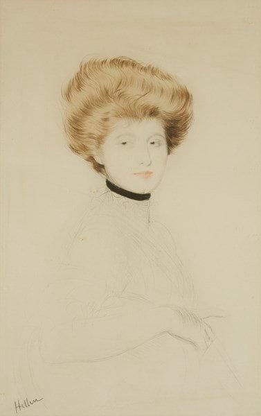 Paul-César HELLEU (1859-1927)
Jeune femme rousse en buste, noeud noir autour du cou. Pointe sèche. 340 x 550. Impression en couleurs. Très belle épreuve sur vélin, signée à la pierre noire. Légère oxydation et minuscules rousseurs. Marges. Cadre.Provenance: Stuart Preston (1915-2005) critique d?art américain qui collabora au magazine The Connoisseur et au New York Times. Connu comme «the Sergeant», il fut une figure haute en couleurs du Londres élégant et intellectuel durant la Seconde Guerre mondiale et servit de modèle à Evelyn Waugh pour un personnage de ses romans