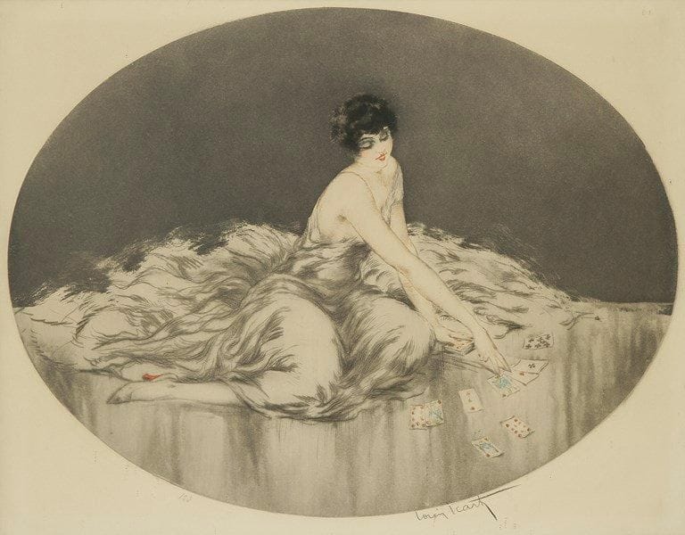 Louis ICART (1888-1950)
Jeune femme aux cartes à jouer. Sujet ovale. Vers 1925-1930. Pointe sèche et aquatinte. 480 x 365. Impression en couleurs. Très belle épreuve sur vélin, timbrée, numérotée et signée à la mine de plomb. Marges. Cadre