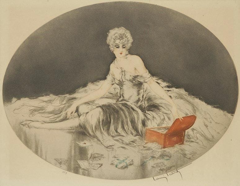 Louis ICART (1888-1950)
Jeune femme ouvrant son coffret à lettres. Sujet ovale. Vers 1925-1930. Pointe sèche et aquatinte. 480 x 365. Impression en couleurs. Très belle épreuve sur vélin, timbrée, numérotée et signée à la mine de plomb. Marges. Cadre