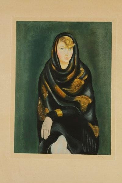 Moïse KISLING (1891-1953)
Sonia ou Jeune fille au fichu. Vers 1925. Eau-forte, aquatinte et roulette. 440 x 600. Impression en couleurs. Très belle épreuve sur simili-japon, signée à la mine de plomb. Très légère oxydation du feuillet. Plis de manipulation et quelques courts plis cassés. Toutes marges