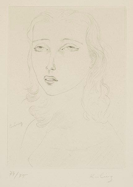 Moïse KISLING (1891-1953)
Jeune femme en buste. Vers 1940. Eau-forte. 137 x 187. Très belle épreuve sur vélin, numérotée et signée à la mine de plomb. Toutes marges. Tirage à 75 épreuves. Sous verre