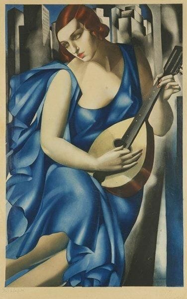 Tamara de LEMPICKA (1898-1980)
Jeune femme à la mandoline. Vers 1933. Aquatinte et roulette. 400 x 625. Impression en couleurs. Très belle épreuve sur chine appliqué vélin crème, numérotée et signée à la mine de plomb. Quelques rousseurs. Marges. Tirage à 100 épreuves. Cadre