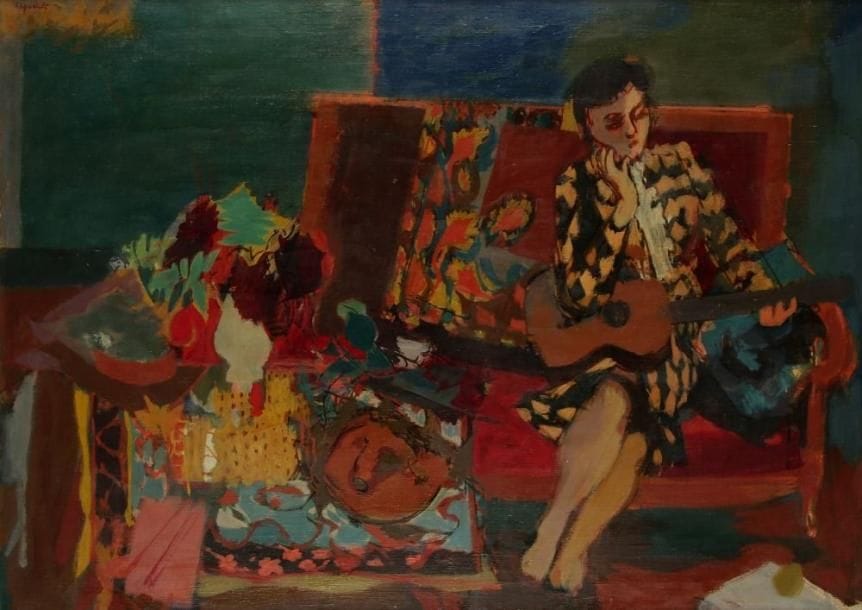 Raymond LEGUEULT (1898-1971)
La Musicienne, 1942. Huile sur toile. Signée en haut à gauche. 65 x 92 cm. Provenance : Vente Ader Picard Tajan, Paris, 24 mars 1990. 