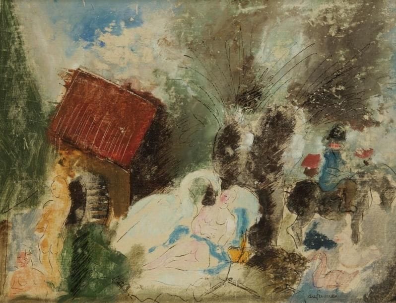Charles DUFRESNE (1876-1938)
Léda et le cygne. Huile sur toile. Signée en bas à droite. 31 x 40 cm