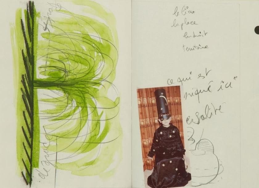 Fabrice HYBER (né en 1961)
Le Lieu, la place, endroit, terriroire, universalité, 1995. Dessin à l'aquarelle et au crayon noir, collage. Il figure sur une double page de l'ouvrage : « Fabrice Hybert, oumeurt II hybert obrist mou et gonflé », Sète, Villa Saint-Clair, 1995. Numéroté 52/100 et signé sur la page de titre. Le livre est collé, ouvert, dans un emboitage. 22 x 32 cm