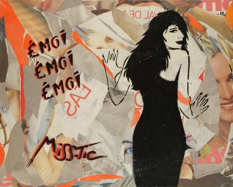 MISS-TIC (née en 1956)
émoi, émoi, émoi. Peinture en aérosol et affiches lacérées sur toile. Signée en bas à gauche. 73 x 92 cm