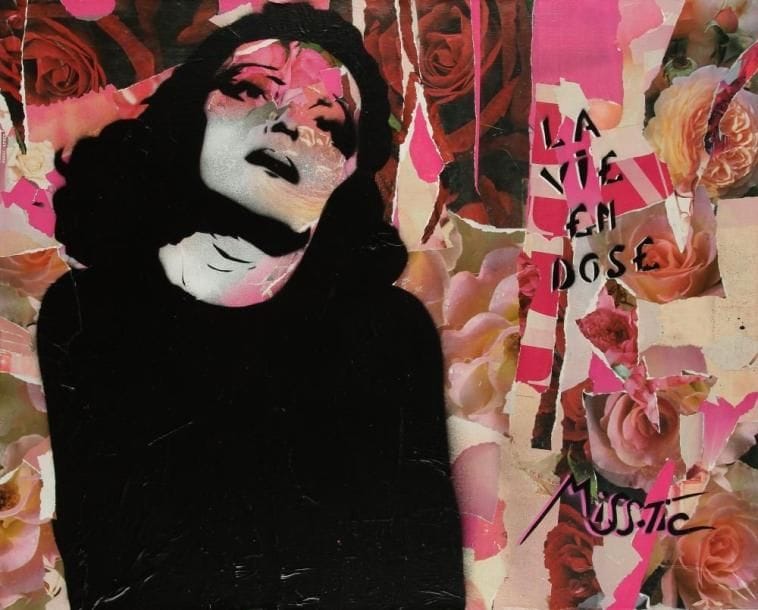 MISS-TIC (née en 1956)
La Vie en dose, 2008. Peinture en aérosol et affiches lacérées sur toile. Signée en bas à droite. Signée et datée au dos. 73 x 92 cm