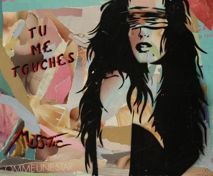 MISS-TIC (née en 1956)
Tu me touches. Peinture en aérosol et affiches lacérées sur toile. Signée en bas à gauche. 38 x 46 cm