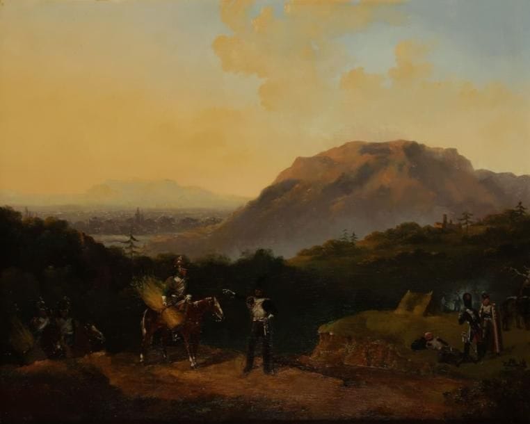 Édouard-Jean-Baptiste DETAILLE (1848-1912)
Soldats dans un paysage montagneux. Huile sur toile. Signée et datée 18(7?) en bas à gauche. 53 x 65 cm