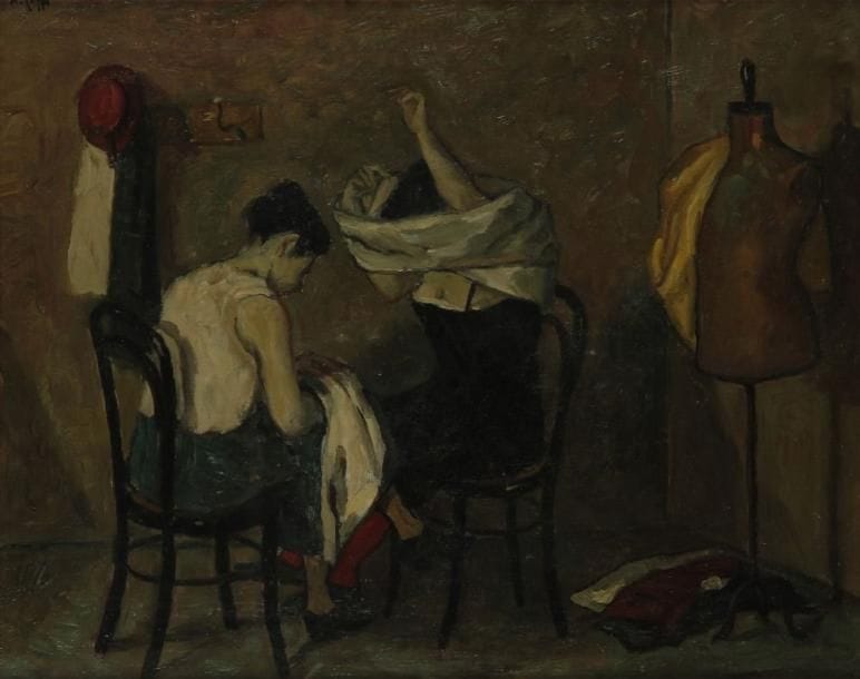 Nino CAFFE [italien] (1909-1975)
Les Couturières, 1947. Huile sur toile. Signée en haut à gauche. . Signée et datée au dos. 40 x 51 cm