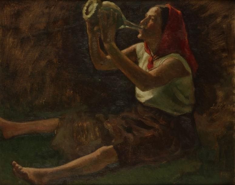 Leonardo DUDREVILLE [italien] . (1885-1976)
Le Repos, 1939. Huile sur panneau. Signée des initiales « L.D » et datée au milieu à droite. Une lettre manuscrite de l'auteur au dos. 39,5 x 49,5 cm
