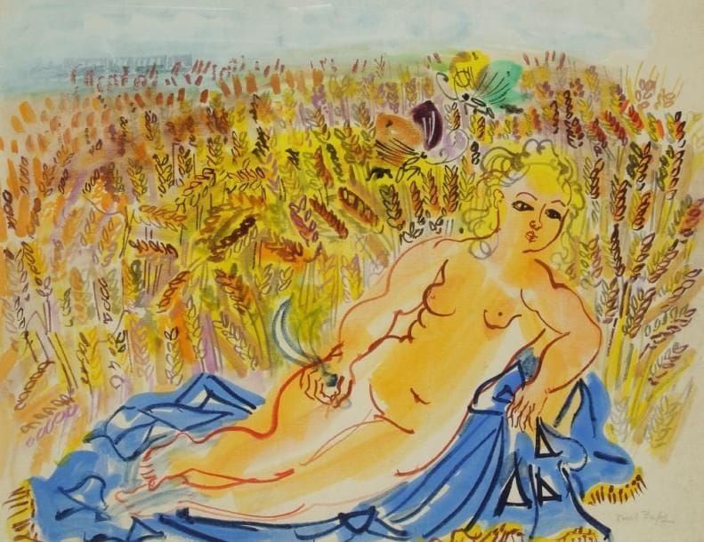 Raoul DUFY (1877-1953)
Cérès dans les blés, vers 1928. Gouache. Signée au crayon en bas à droite. (Restaurations). 50 x 65 cm. Un certificat de Fanny Guillon-Lafaille en date du 10 mars 2010 sera remis à l'acquéreur. 